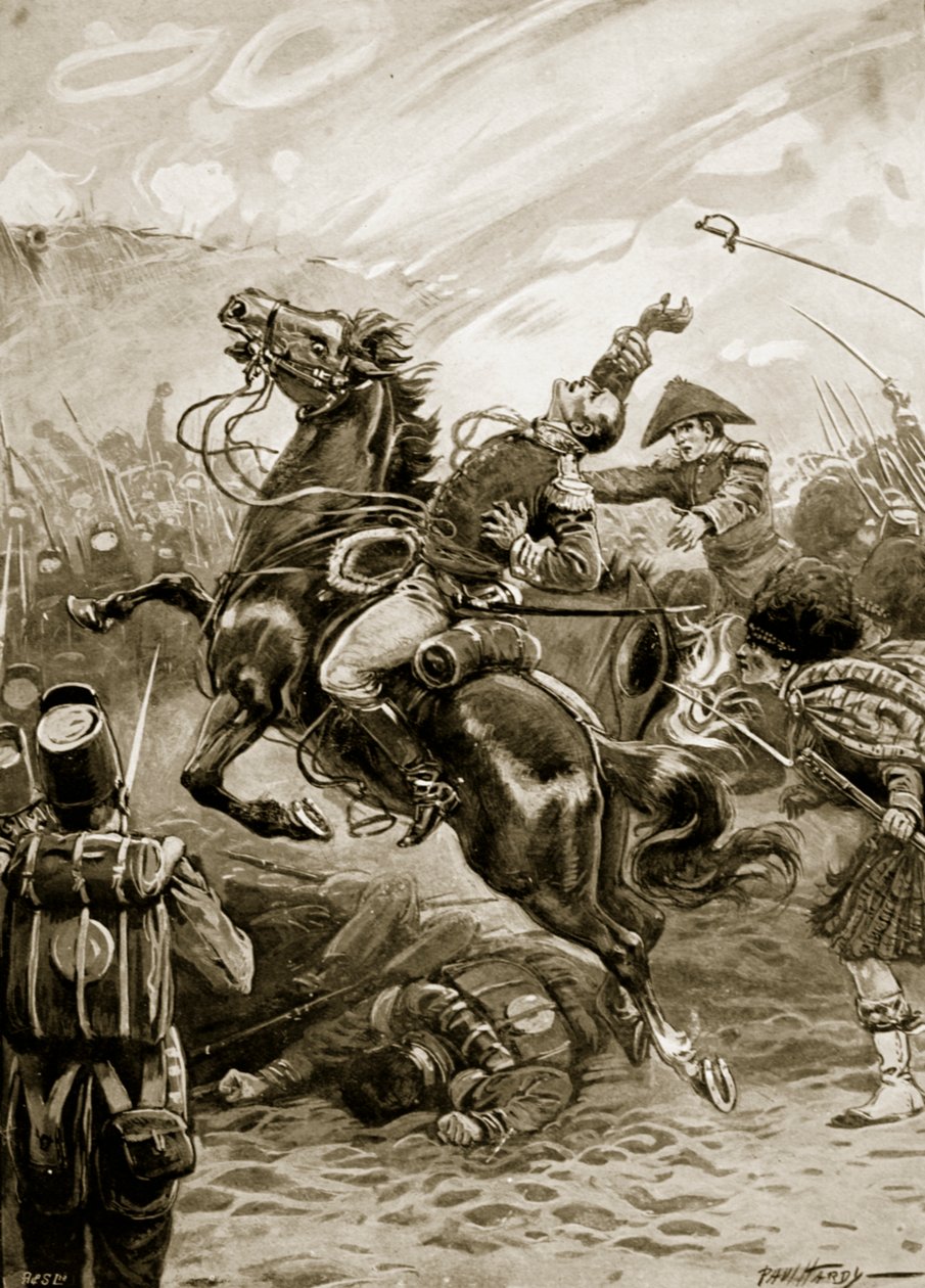 Morte de Sir Edward Pakenham, ilustração de "Batalhas do Século XIX" de Archibald Forbes, G.A. Henty e Major Arthur Griffiths (litho) de Paul (after) Hardy