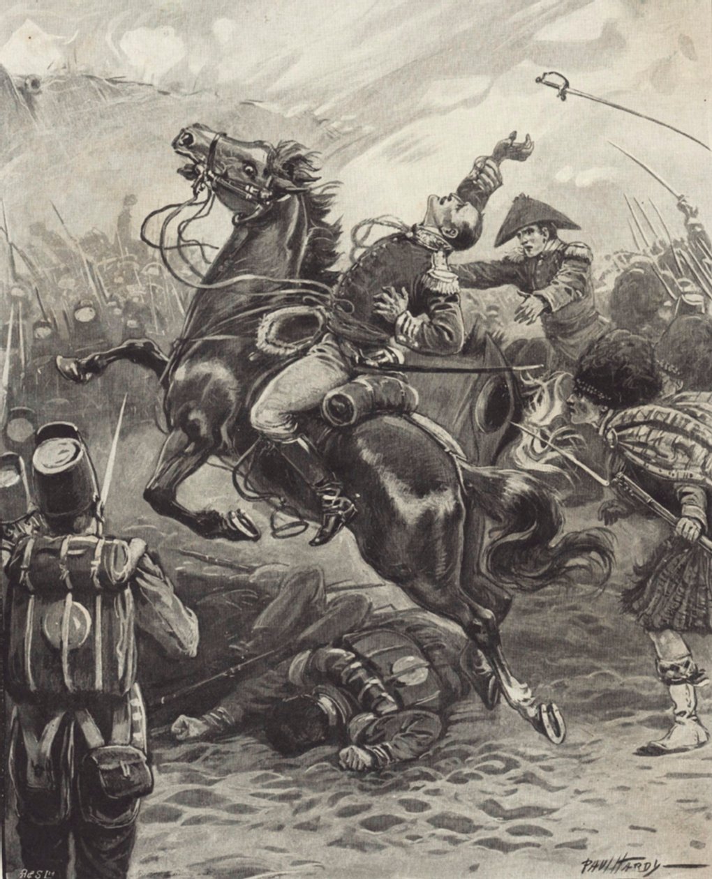A Morte de Edward Pakenham na Batalha de Nova Orleans (litho) de Paul (after) Hardy
