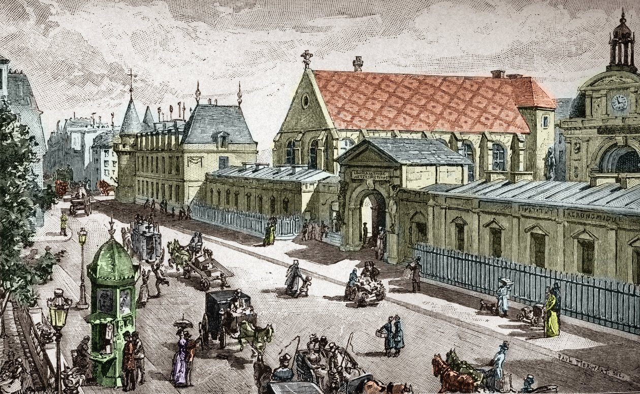 Vue du Conservatoire des Arts et metiers (Cnam) a Paris, rue Saint Martin a Paris - (Vista do Conservatório das Artes e Ofícios em Paris) Gravado por Alexis Martin de Paul (after) Merwart