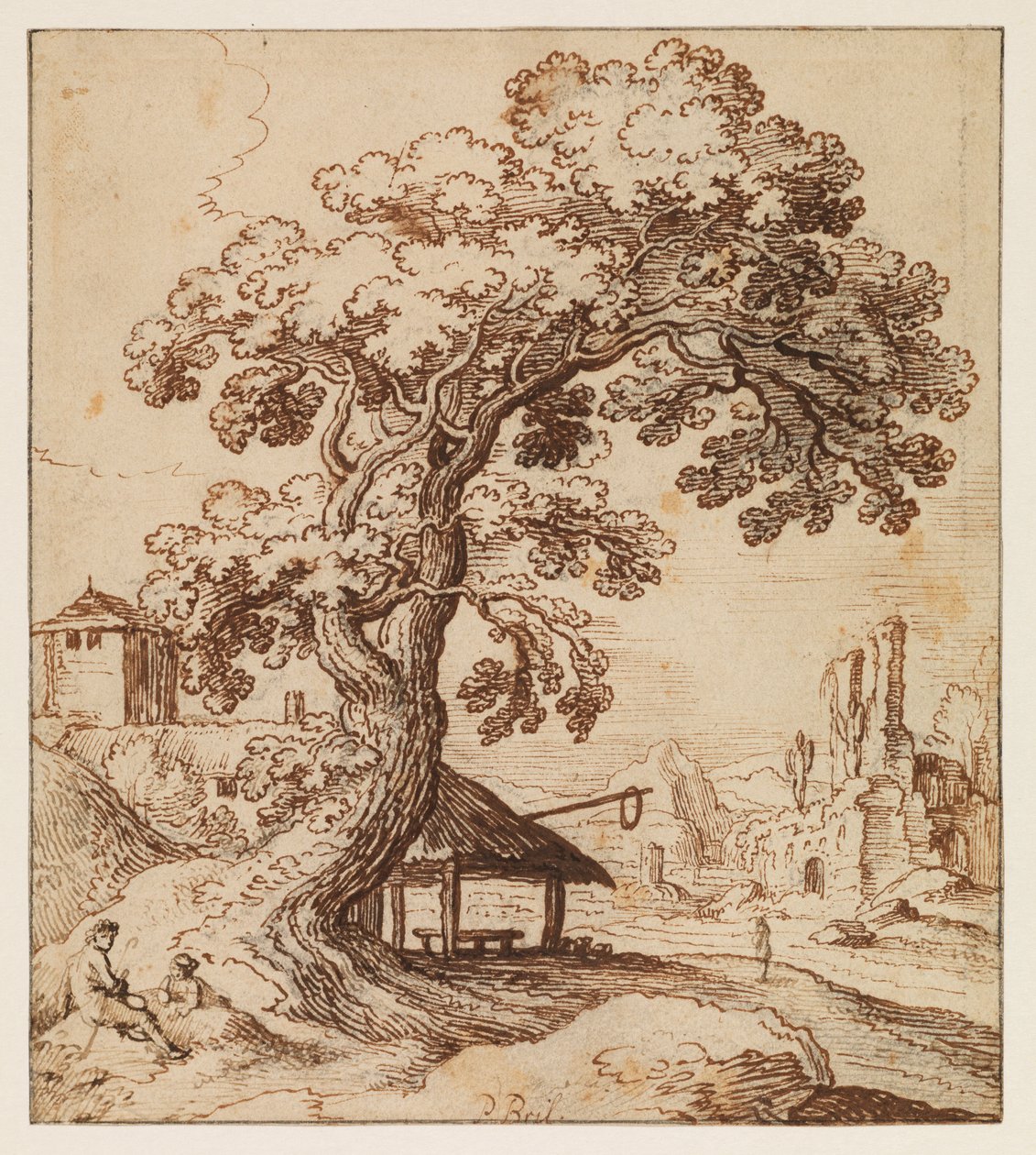 Paisagem com ruínas e figuras, c.1615 (giz negro, caneta e tinta castanha sobre papel assentado, com linhas de enquadramento de tinta preta) de Paul (circle of) Brill or Bril