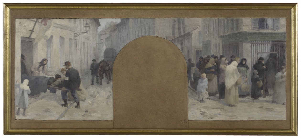 Esboço para o Hôtel de Ville de Paris, gabinete do préfet: Transporte dos feridos para a ambulância. Filas de espera em frente a uma loja durante o cerco de Paris em 1870 de Paul Albert Baudouin