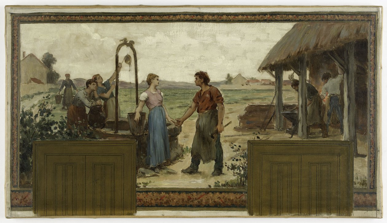 Esboço para a Câmara Municipal de Saint-Maur-des-Fossés: Les fiançailles, em 1883 (óleo sobre tela) de Paul Albert Baudouin