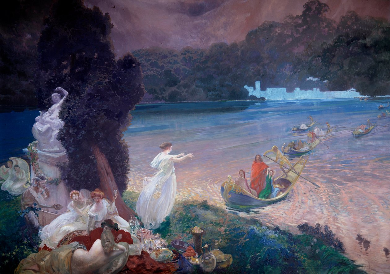 Happy Island: cena de fábula representando barcos que se juntam aos convidados num banquete na relva. Detalhe de uma pintura sobre papel de parede de Paul Albert Besnard (1849-1934). 1900. Paris, Artes Decorativas de Paul Albert Besnard