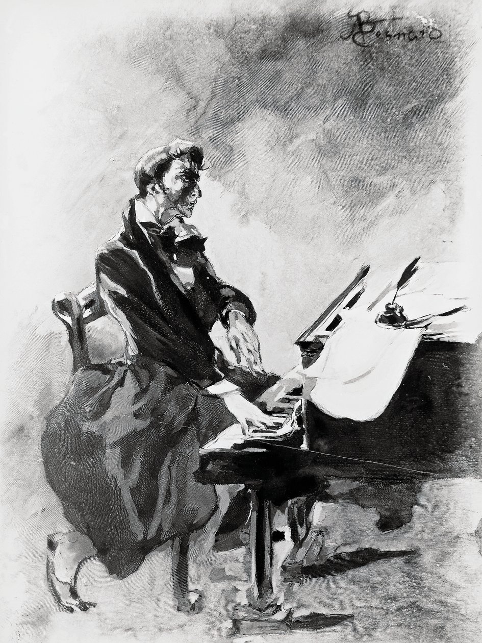 O compositor e pianista Frederic Chopin tocando piano, de Albert Besnard (1849-1934), aguarela de Paul Albert Besnard