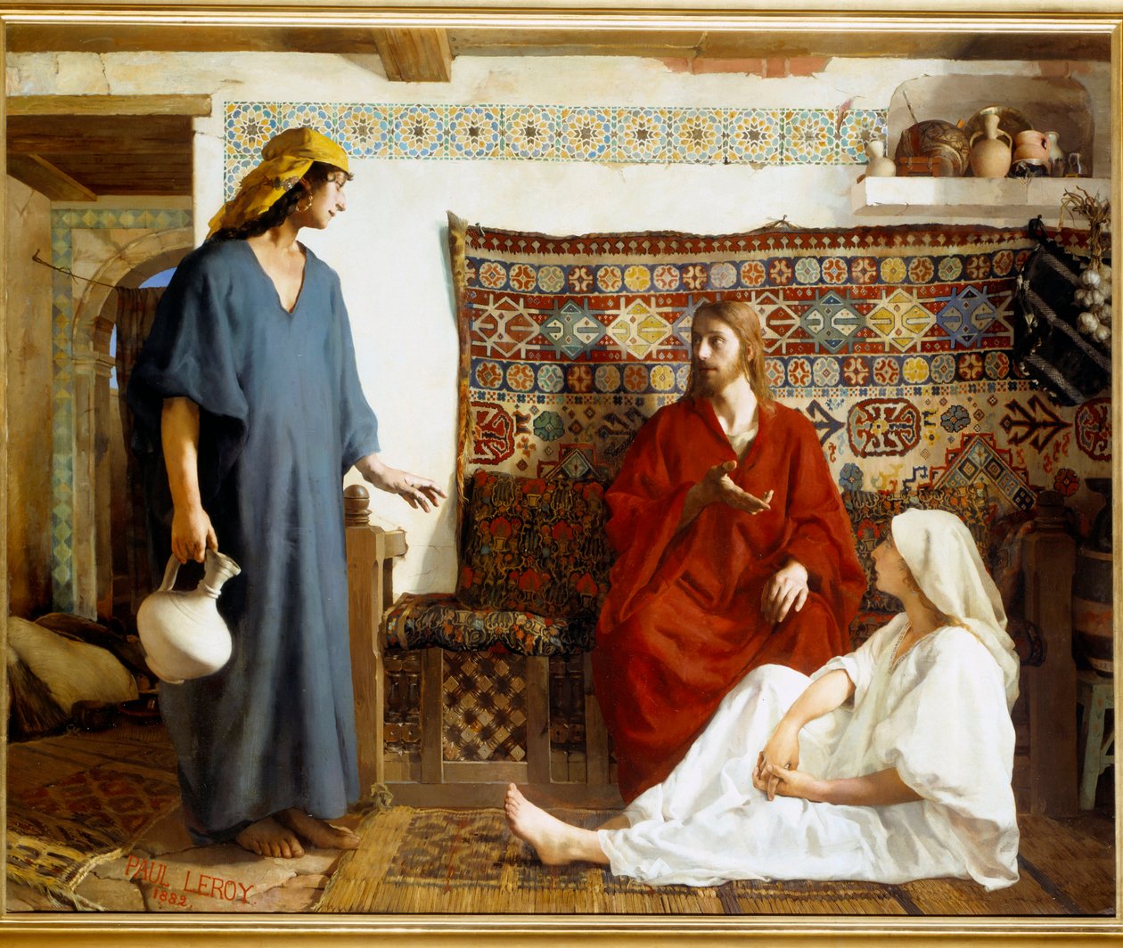 Jesus em Marthe e Maria - Sainte Marthe, discípula de Jesus Cristo e sua irmã Marie de Bethanie - Pintura de Paul Alexandre Leroy (1860-1942) de Paul Alexander Alfred Leroy