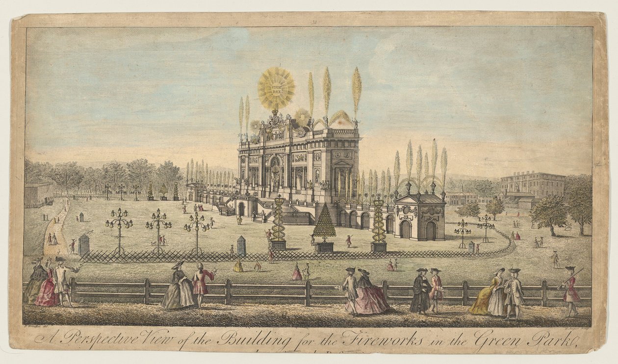 Uma visão em perspectiva do edifício para os fogos de artifício no Green Park, Londres, ca. 1749. de Paul Angier