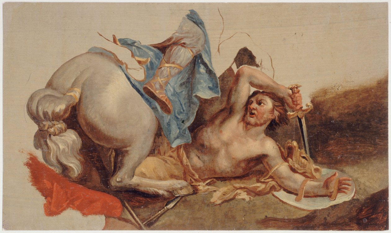 Estudo de um cavalo e cavaleiro caídos, segundo Le Brun (óleo sobre papel) de Paul Baudry
