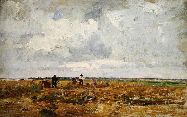 Uma paisagem de Dachau com agricultores e mulheres trabalhando a terra (óleo sobre papelão) de Paul Baum