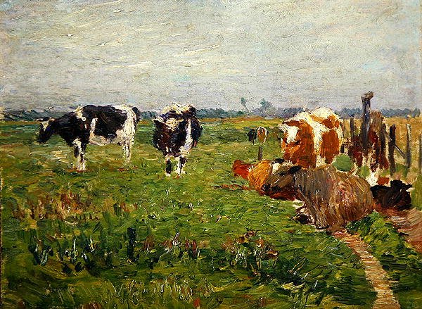 Uma paisagem de planície de Verão com vacas (óleo sobre tela) de Paul Baum