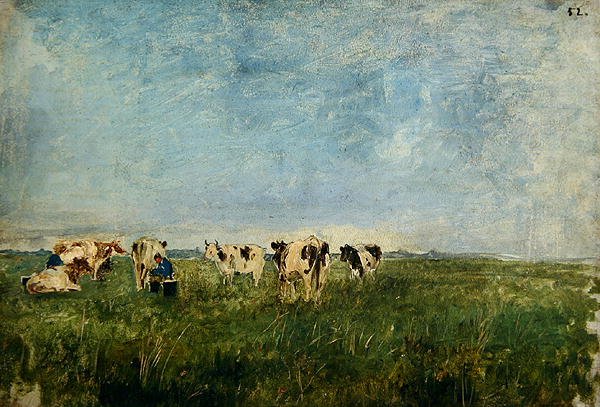 Vacas num prado em ordenha (óleo sobre papelão) de Paul Baum