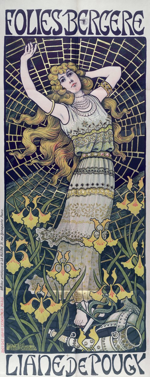 Cartaz de publicidade Liane de Pougy no Folies-Bergere, Paris, final do século XIX de Paul Berthon