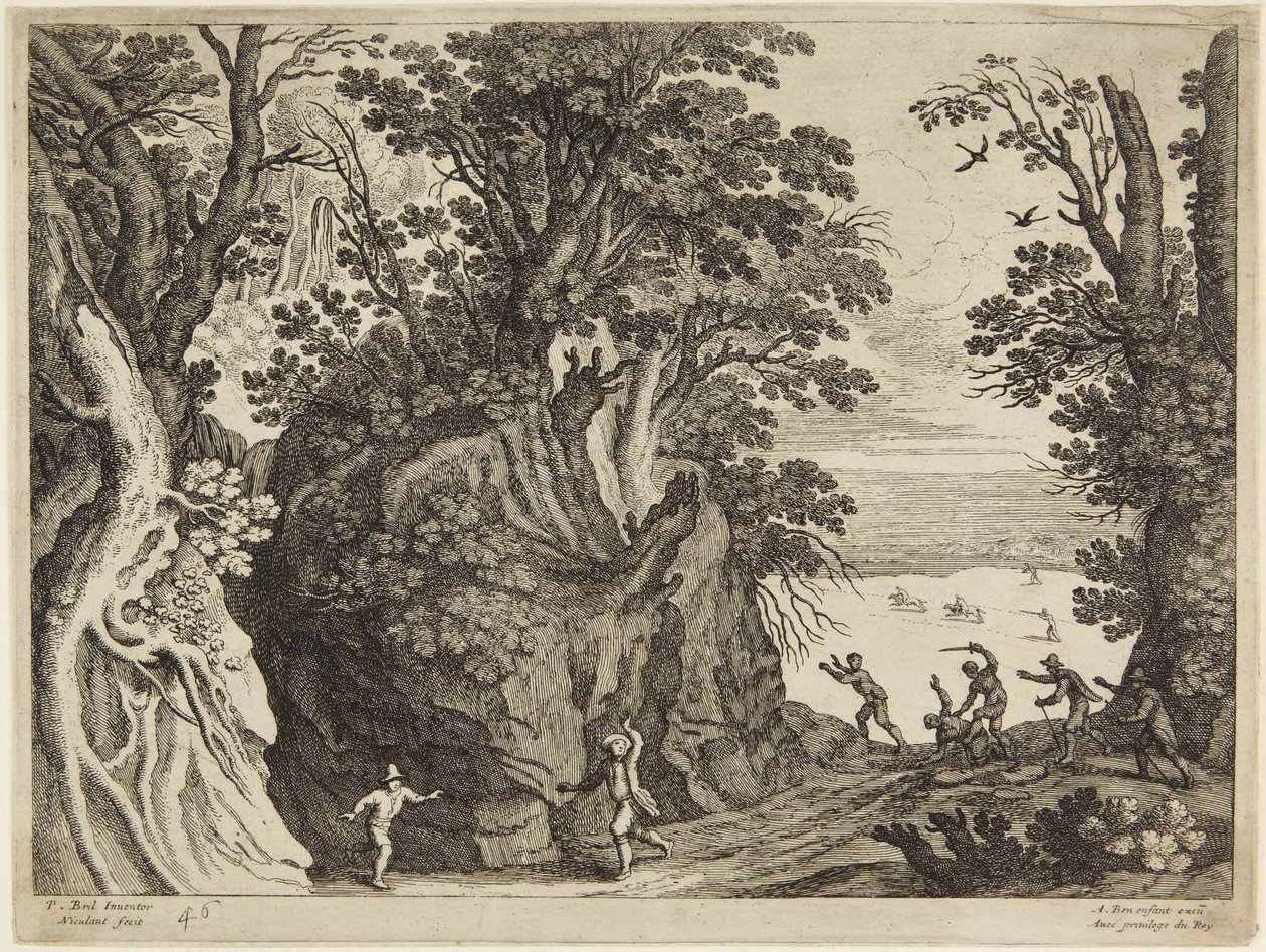 Luta entre homens numa paisagem rochosa de Paul Bril