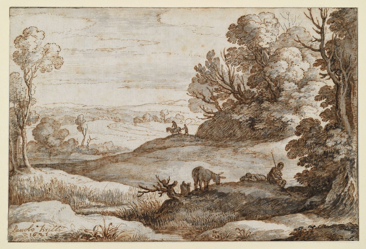 Paisagem montanhosa com árvores e vista; em primeiro plano, dois homens e um burro de Paul Bril