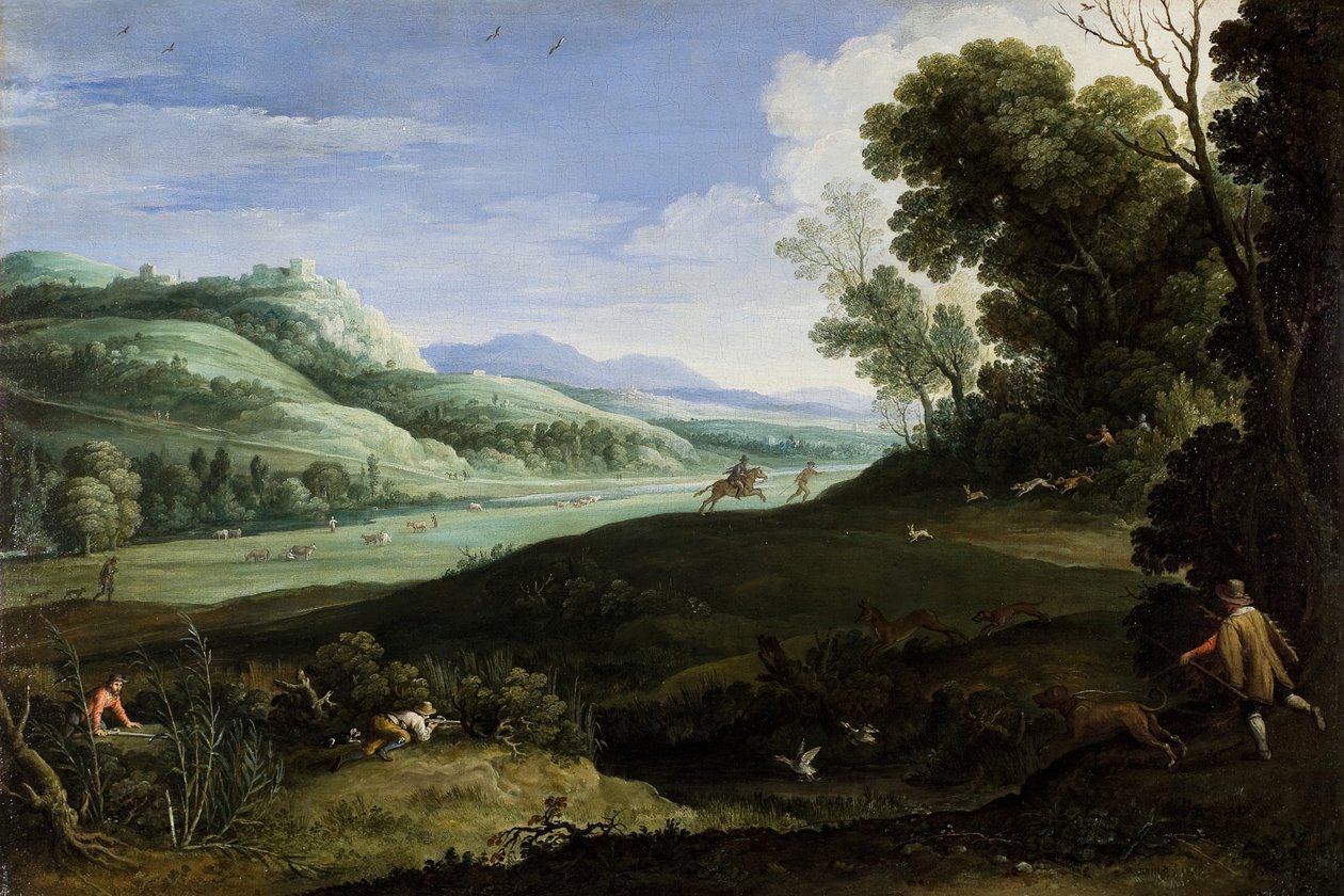 Paisagem com caçadores, 1619. de Paul Bril