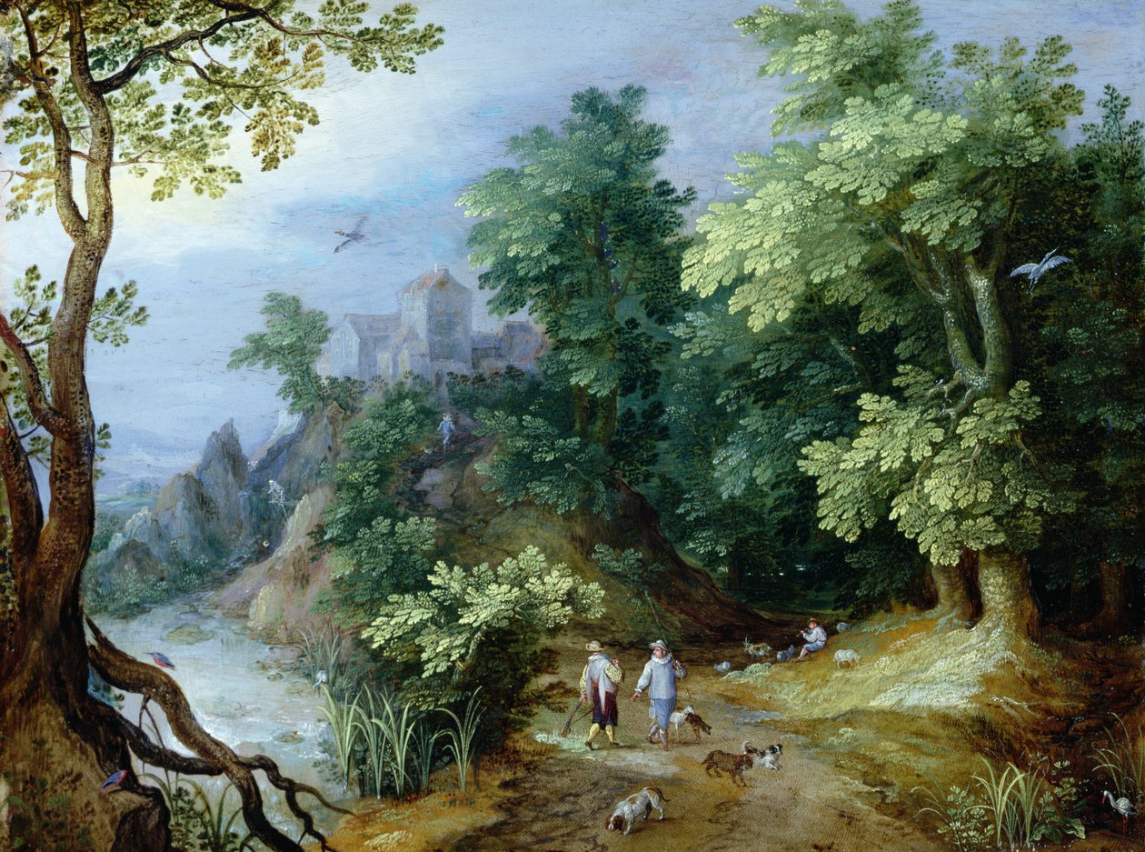 Paisagem com Esportistas e Cães (óleo sobre cobre) de Paul Bril