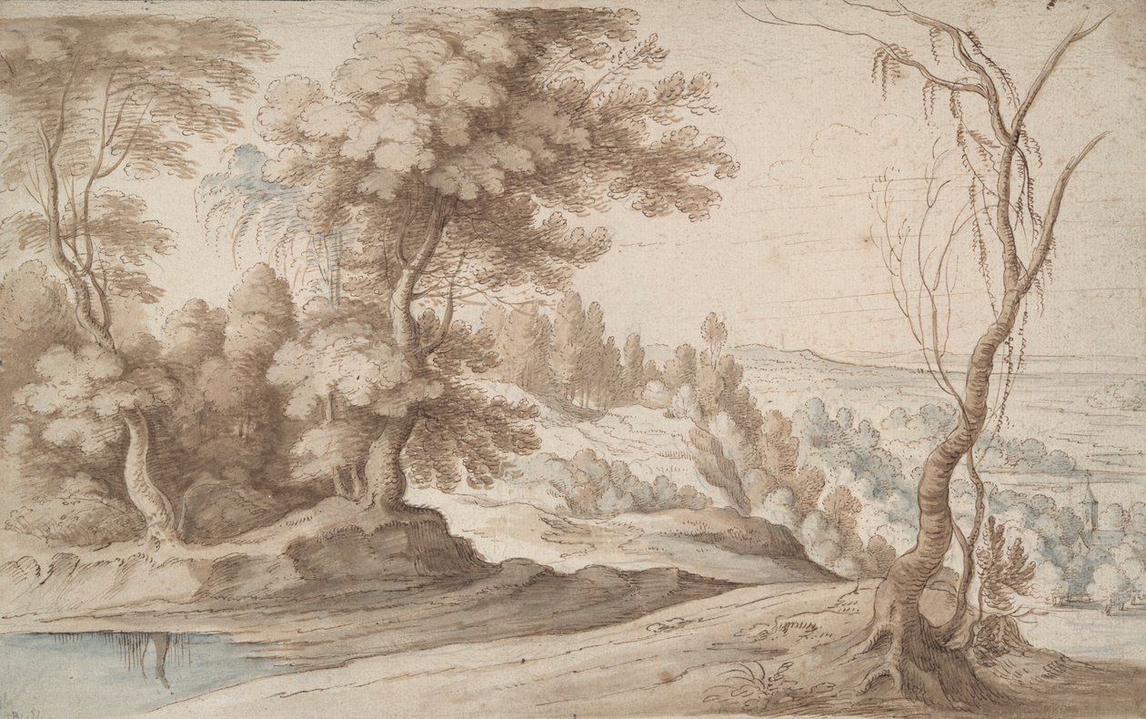 Paisagem com árvores e vista para um vale de Paul Bril