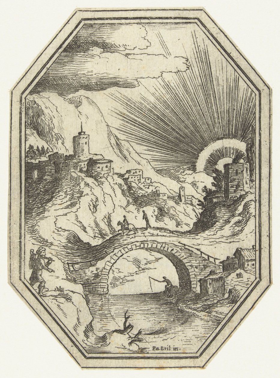Paisagem com ponte de pedra em moldura octogonal Paisagens Octogonais (título da série) de Paul Bril