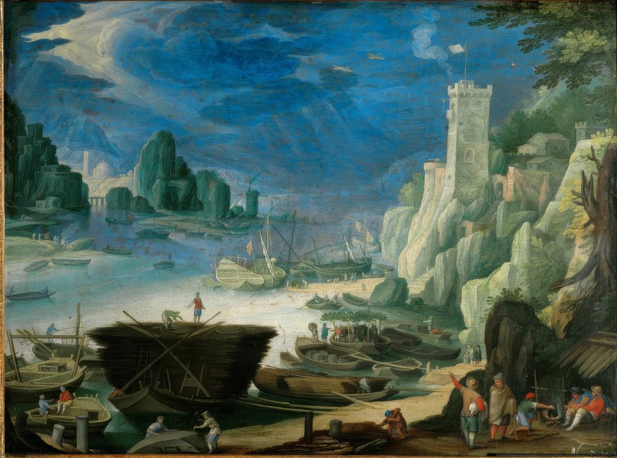 Paisagem portuária noturna com farol de Paul Bril