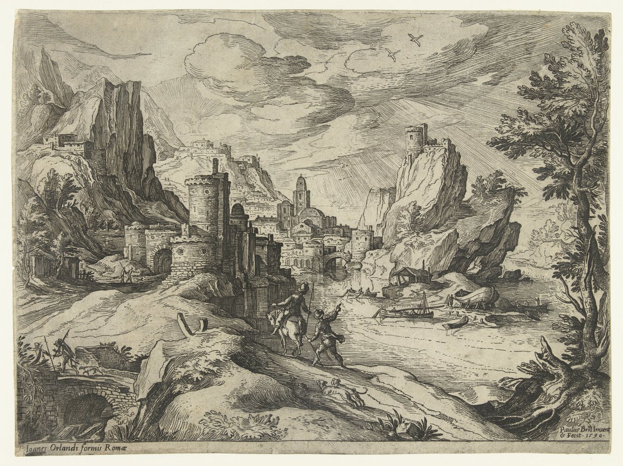 Rocky Coast na Campânia com cidade e viajantes de Paul Bril