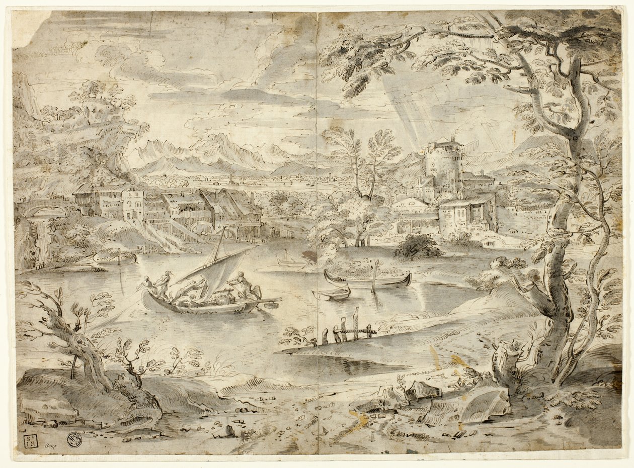 Vista da cidade com barco de pesca em primeiro plano de Paul Bril