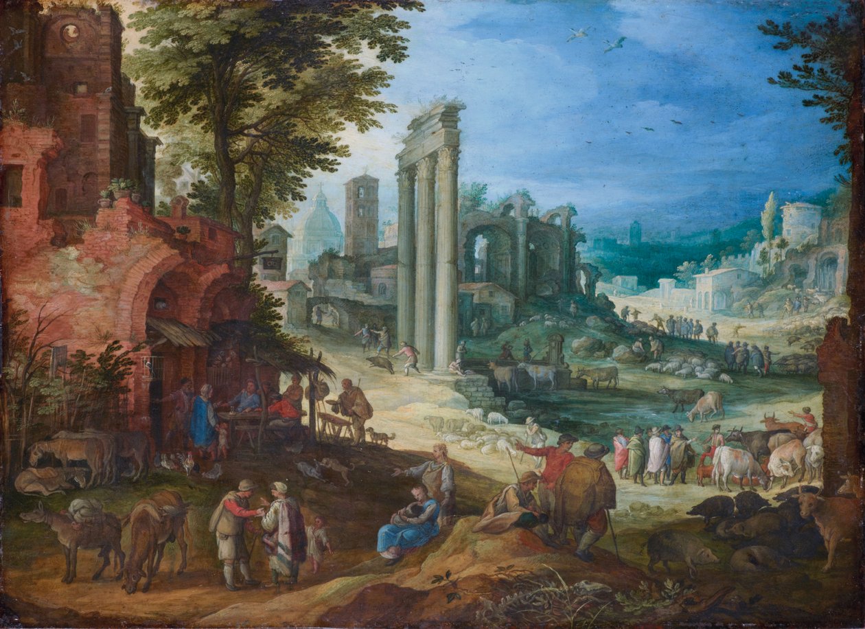 Vista do Forum Romanum com as colunas dos templos Castor e Pollux e a Basílica de Adriano de Paul Brill