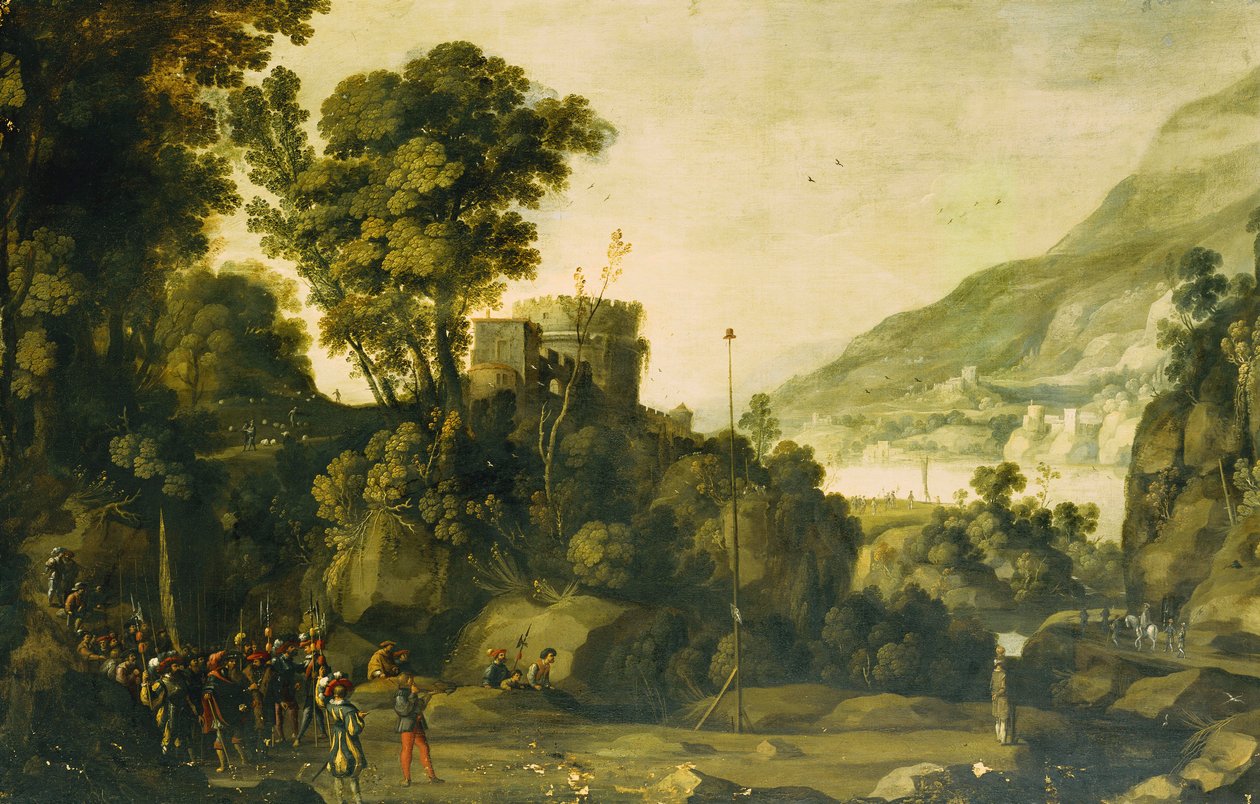 Uma paisagem montanhosa do rio com uma cena da vida de William Tell, de Paul Bril