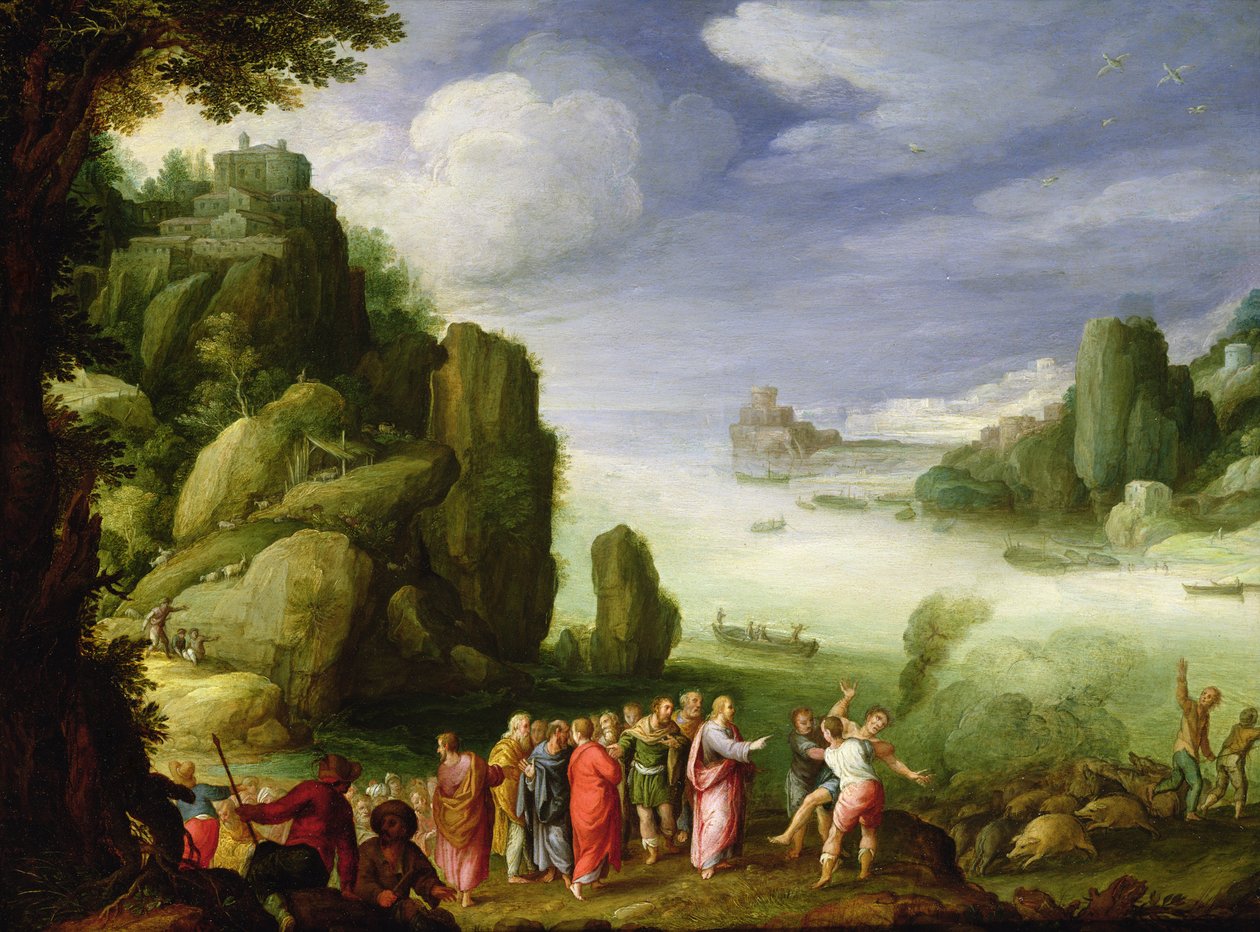 Cristo Cura o Possessed de Gerasa, 1608 (óleo no cobre) de Paul Bril