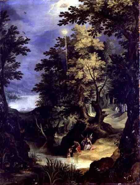 Paisagem representando o Batismo de Cristo e o Sermão do Batismo (óleo sobre painel) de Paul Brill or Bril