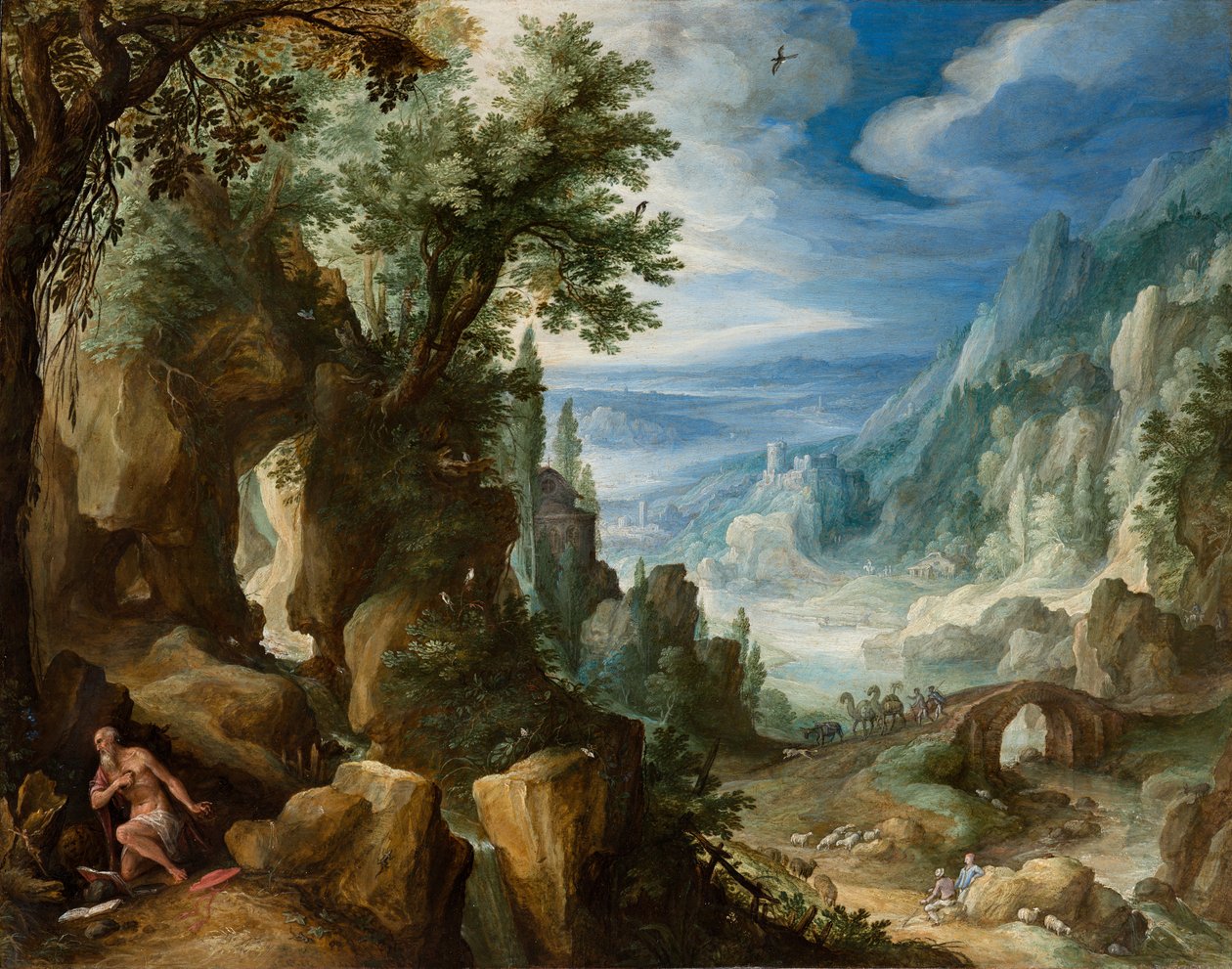 Paisagem montanhosa com São Jerônimo, 1592 (óleo sobre cobre no painel) de Paul Bril