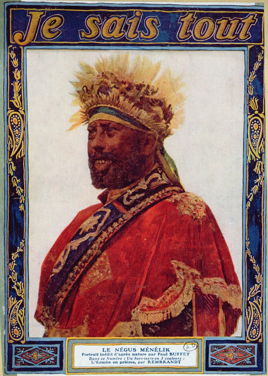 Retrato do Negus da Etiópia, Menelik II (1844-1913), ilustração da revista Je Sais Tout, c.1900 de Paul Buffet