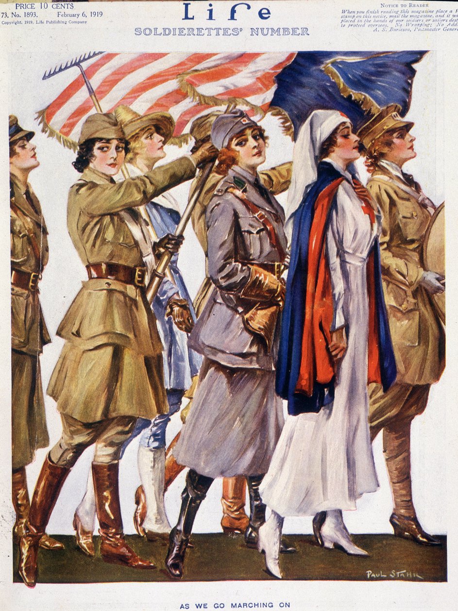 Mulheres americanas (soldados, agricultores, enfermeiras) a voar com a bandeira, por Stahr (1883-1953) - vaca. "Life" de 06/02/1919. de Paul C. Stahr