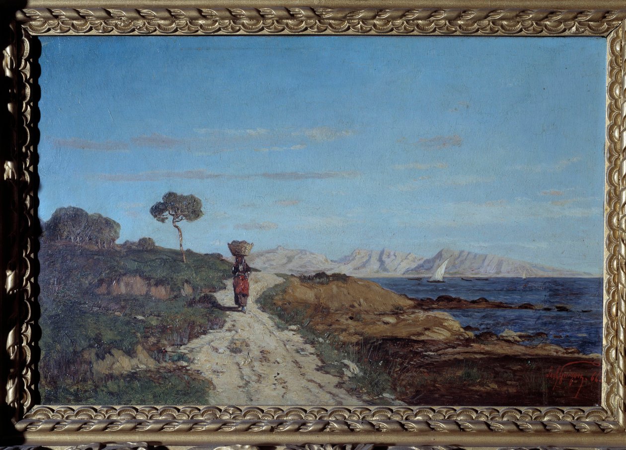 Em torno de Marselha em 1866: paisagem marítima com uma mulher carregando uma cesta na cabeça e caminhando em uma estrada. Pintura de Paul Camille Guigou (1834-1871). 1866. Curioso. Museu Perigord de Paul Camille Guigou