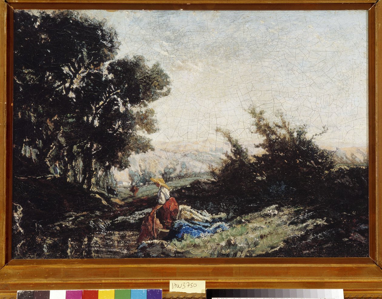 Lavandiere no riacho19th (óleo sobre tela) de Paul Camille Guigou