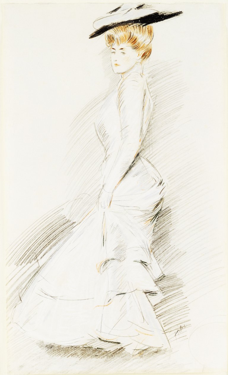 Uma senhora elegante em um vestido branco, de Paul Cesar Helleu