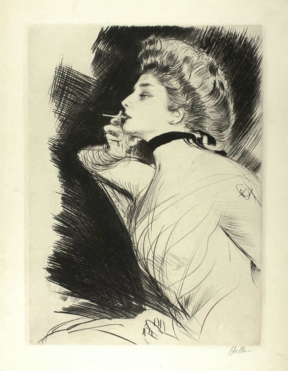 Retrato a meio comprimento de uma mulher sentada, a fumar um cigarro, virada para a esquerda de Paul Cesar Helleu