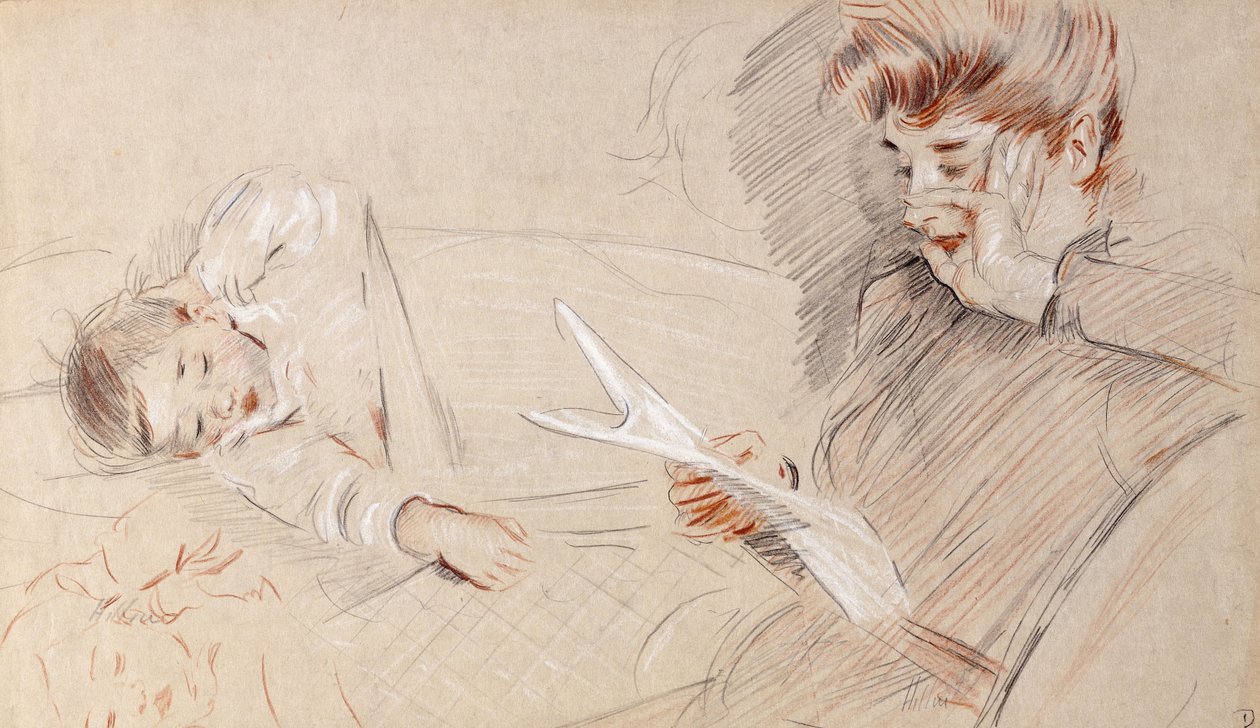 Madame Helleu Reading, com Paulette deitada ao lado dela em um sofá, de Paul Cesar Helleu