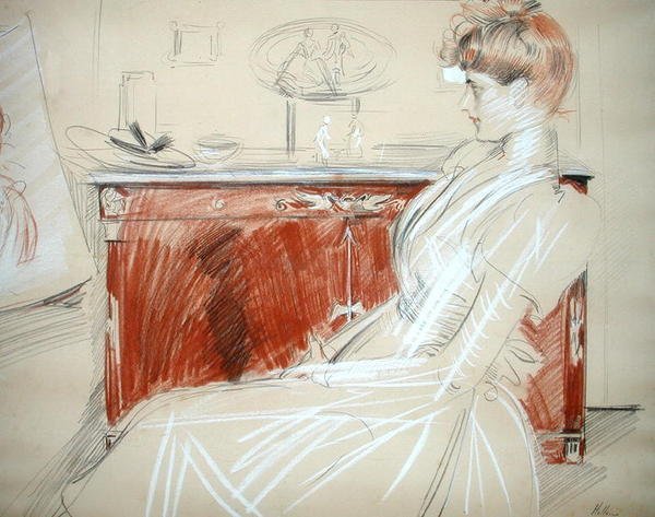 Madame Helleu no seu Salão, c.1900 (lápis e giz sobre papel) de Paul Cesar Helleu