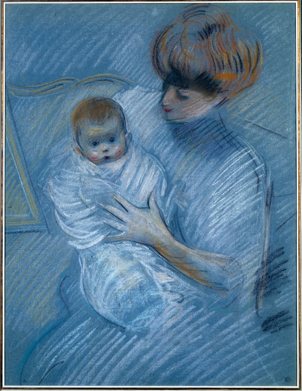 Maternidade. Desenho de Paul Helleu (1859-1927), século XX. Retrato de uma mãe com seu filho. Bayonne, Musee Bonnat de Paul Cesar Helleu