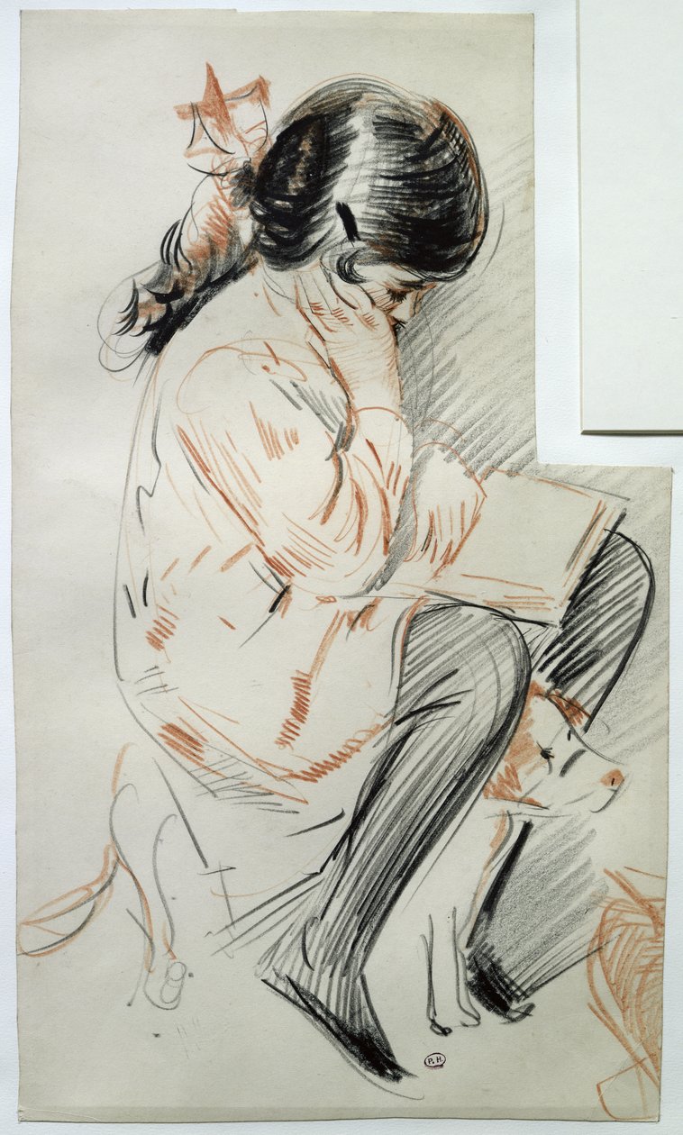 Paulette Reading sentado em seu cachorro de brinquedo (lápis colorido sobre papel) de Paul Cesar Helleu