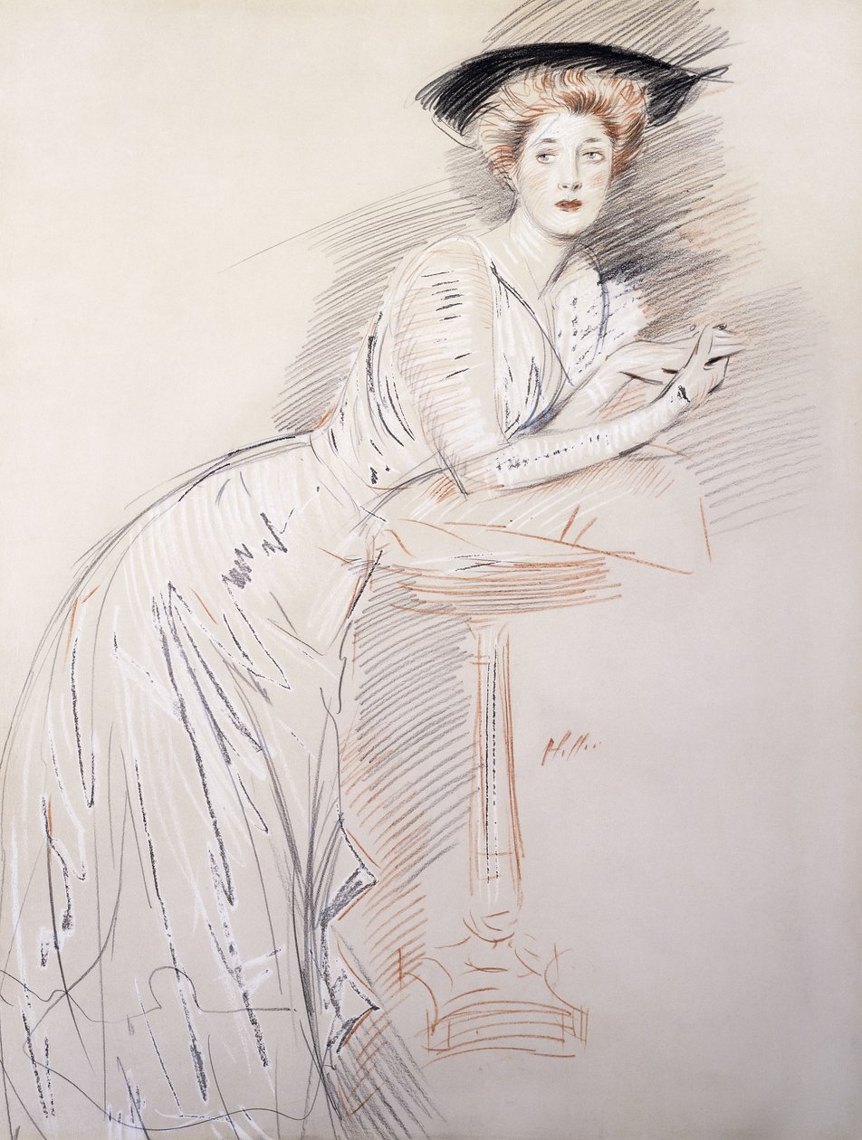 Retrato de Miss Taylor, apoiando-se em uma mesa, de Paul Cesar Helleu