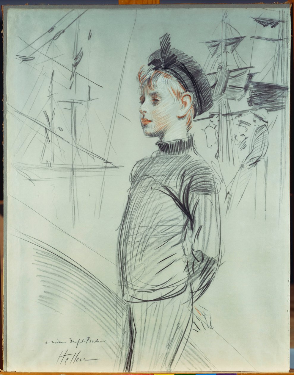 Retrato de um jovem rapaz de chapéu de marinheiro e pescoço de tartaruga, com navios ao fundo de Paul Cesar Helleu