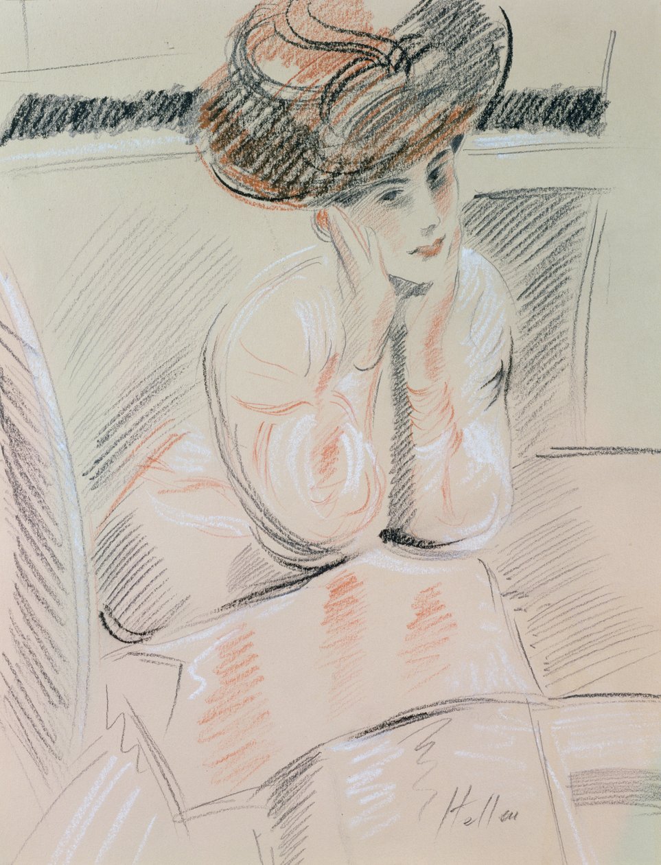 Retrato de uma senhora (giz preto, branco e vermelho sobre papel amarelo) de Paul Cesar Helleu