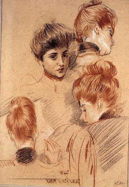 Estudos de Mme. Helleu e Mme. Clarighy, c.1892-95 (giz) de Paul Cesar Helleu