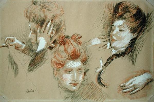 Estudo das Mulheres (giz vermelho e preto com giz branco no papel) de Paul Cesar Helleu