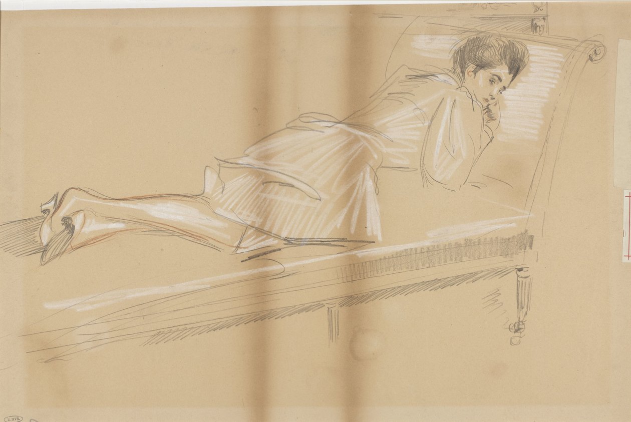 Mulher deitada para frente em um sofá de Paul Cesar Helleu