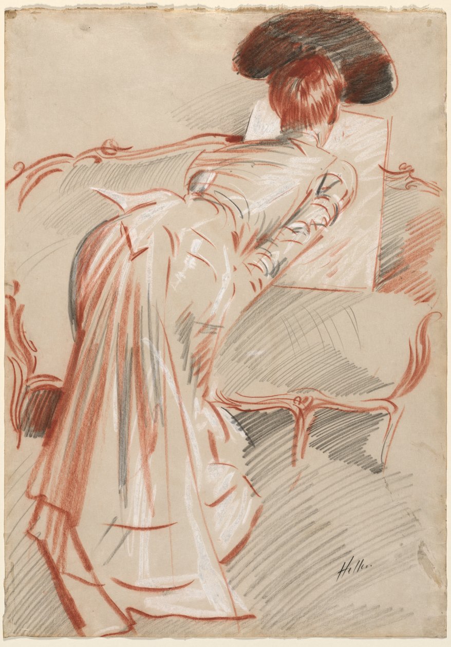 Mulher Possivelmente Madame Alice Hellu Olhando para um Desenho, c. 1895 de Paul Cesar Helleu