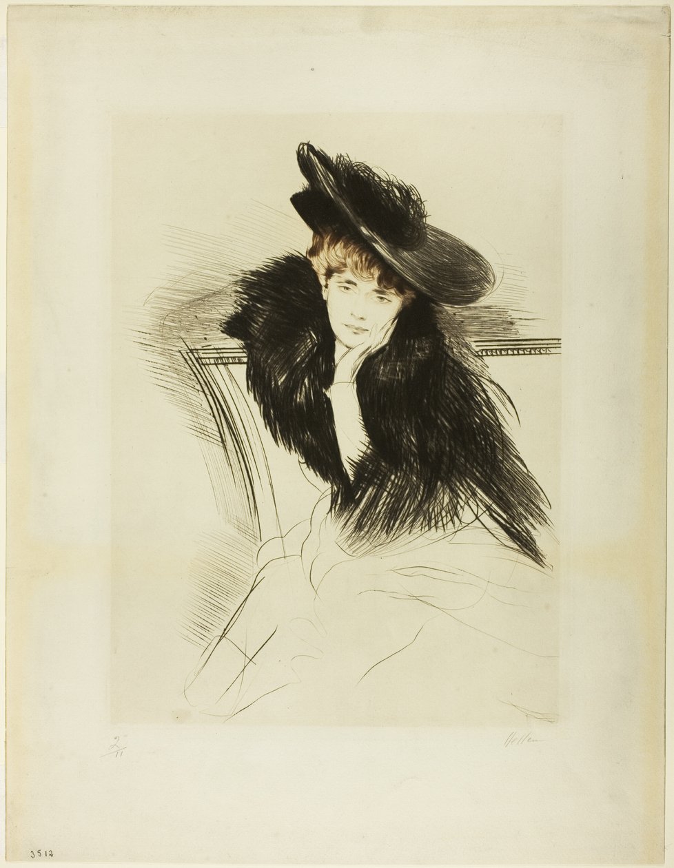 Mulher sentada, inclinada para a frente, com o queixo apoiado na mão esquerda de Paul Cesar Helleu