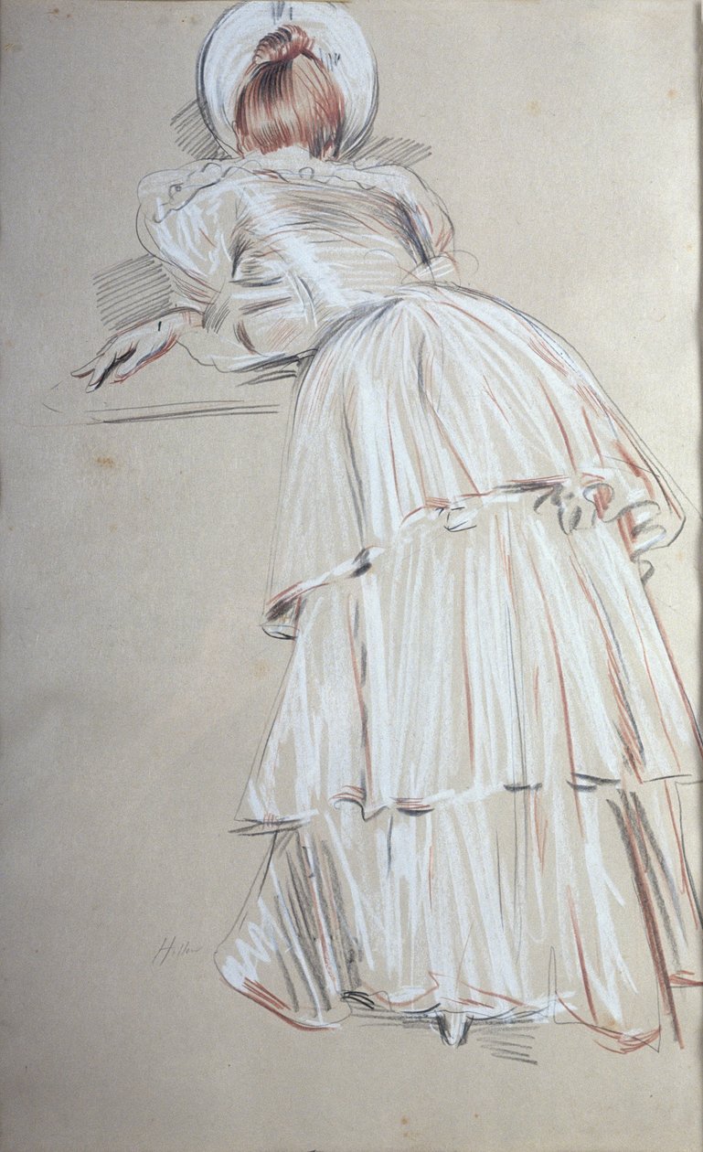 Mulher, ficar, inclinar-se, detrás, (pastel) de Paul Cesar Helleu