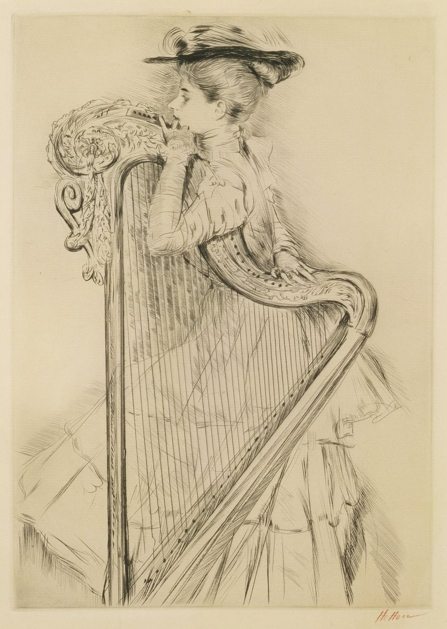 Mulher com harpa (ponta seca) de Paul Cesar Helleu
