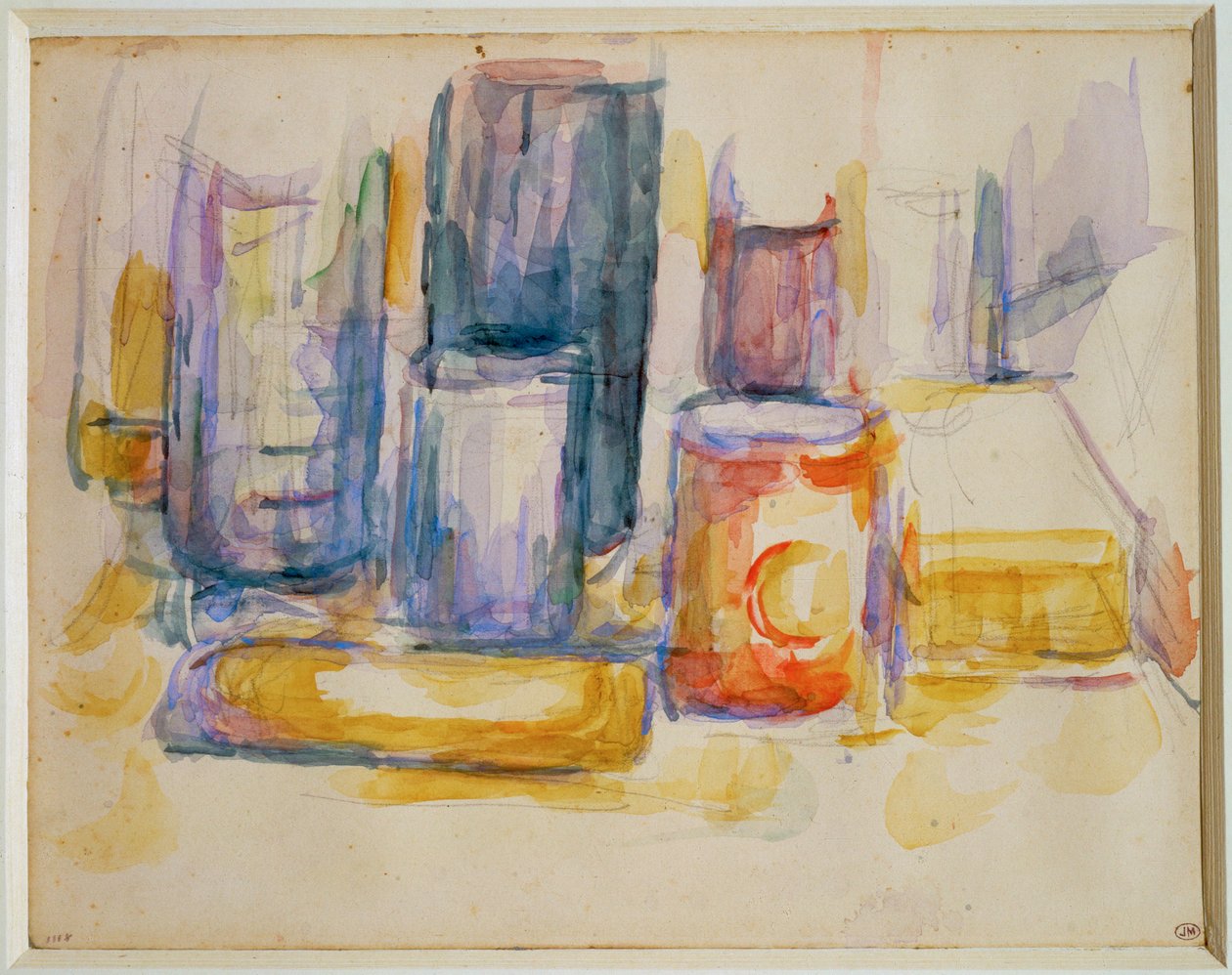 Uma mesa de cozinha, tachos e garrafas (pintura) de Paul Cézanne